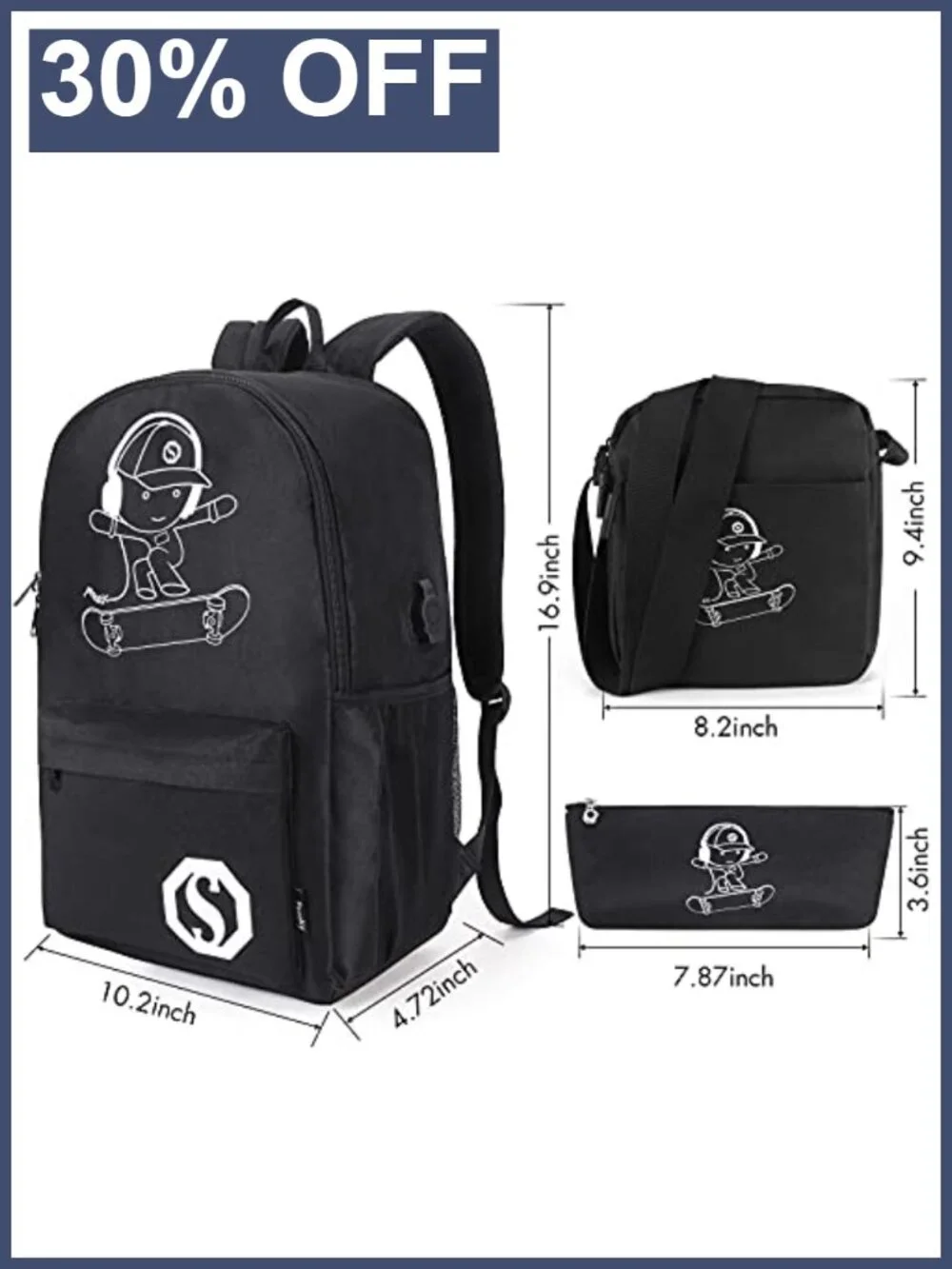 Skateboard Anime Luminous School Backpack with USB Port, Anti-Theft Lock, Sling